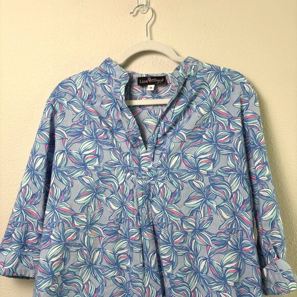 Liza Byrd Popover Top Size S Blue Pink Floral 3/4 Roll Tab Sleeve V Neck Beach - Picture 2 of 10